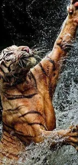 Tiger leaping in water with splash effect.