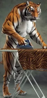Tiger standing by ironing board, humorously ironing a cloth.