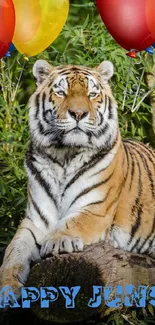 Tiger with colorful balloons in jungle background.