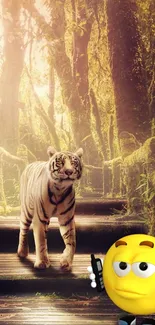 Whimsical jungle wallpaper with tiger and emoji character.