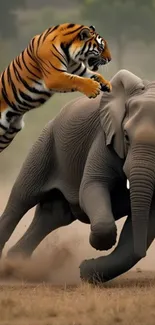 Tiger leaping onto an elephant in a dramatic wildlife scene.