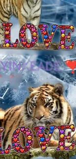 Tiger and love themed mobile wallpaper with ice background.