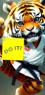 Tiger in martial arts uniform with 'Do It!' text, inspiring energy.