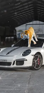 Tiger standing on a white sports car in an industrial setting.