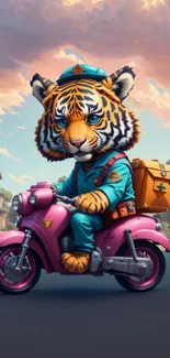 Tiger in blue uniform riding a pink scooter in a cartoon village.