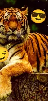 Tiger resting on a tree stump, surrounded by forest with emoji accents.