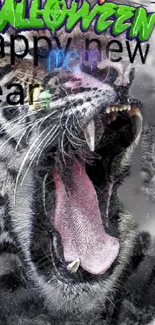 Roaring tiger with Halloween and New Year themes on gray background.