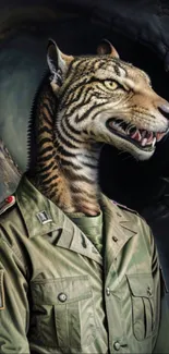 Digital art of a tiger-soldier in a military uniform.