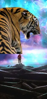 Roaring tiger in mystical galaxy with vibrant colors