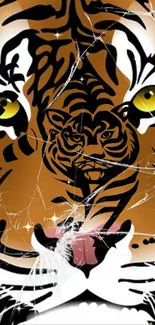 Tiger illustration with cracked glass effect in orange tones for mobile wallpaper.