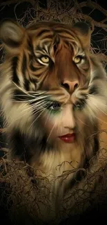 Surreal tiger and human face artistic mobile wallpaper