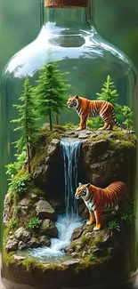 Tigers and waterfall in a glass bottle.