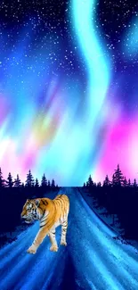 Tiger walking on road beneath vibrant Northern Lights.