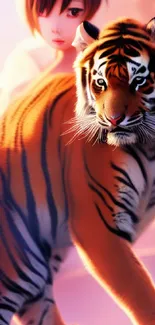 Animated character with a majestic tiger in soft dreamy setting wallpaper.