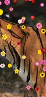 Tiger with colorful flowers on vibrant background.