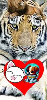 Tiger with a heart and animals in vibrant design.