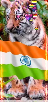 Tiger with hearts and Indian flag design.