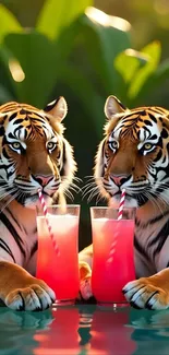 Two tigers sipping colorful drinks in a jungle setting.