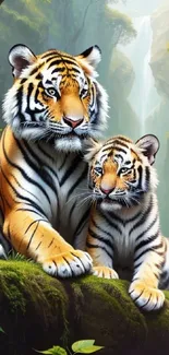 Two tigers rest in a lush, green forest setting.