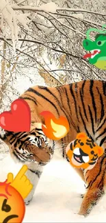 Tigers with emojis playfully exploring a snowy forest.