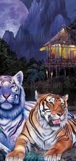 Tigers in a tropical jungle with a moonlit sky and cabin.