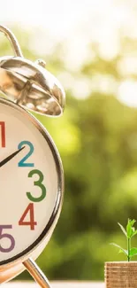 Wallpaper with a clock and growing coins on a nature background.