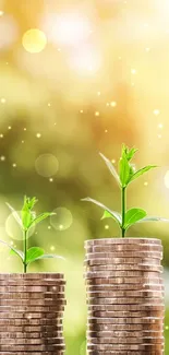 Clock and coins with growing plants on a sunny background.