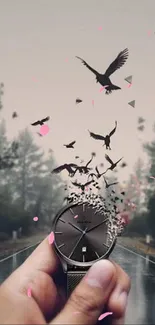 Hand holding a watch with birds flying out in a forest setting wallpaper.