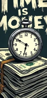Clock on cash pile with 'Time is Money' phrase.