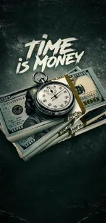 Time is Money wallpaper with clock and cash bundle.