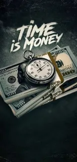 Time is money wallpaper with cash and stopwatch illustration.