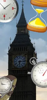 Time-themed wallpaper with Big Ben and clocks at sunset.