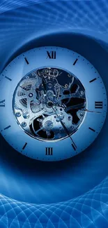 Abstract blue spiral with an intricate clock at its center.