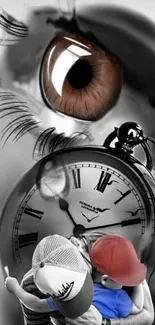 Artistic surreal wallpaper with eye, watch, and children.