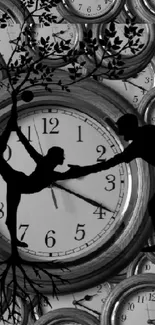 Black and white wallpaper with clocks and silhouettes.