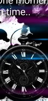 Black and white clock wallpaper with artistic ink splatters.