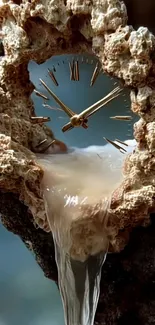 Artistic clock with rocky waterfall backdrop.
