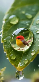 A colorful bird in a water droplet on a green leaf.