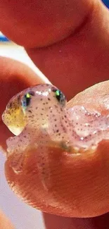 Tiny spotted octopus on fingertip background.