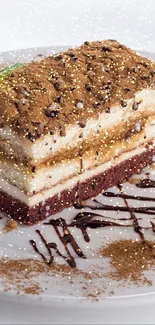 A slice of tiramisu cake with chocolate drizzle on a plate.