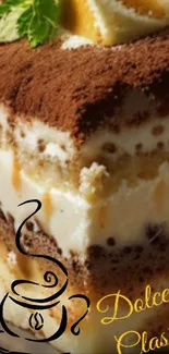 A delectable slice of tiramisu dessert on a rich brown background.