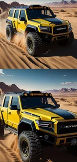 Yellow SUV driving through desert sand dunes with a scenic backdrop.