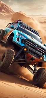 Thrilling off-road truck racing through desert dunes.