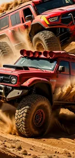 Dynamic red vehicles racing across sandy dunes in an exciting off-road adventure.