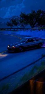 A car drifts brightly on a scenic night road, with blue smoke and a glowing atmosphere.