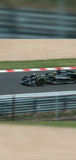 Black Formula 1 car racing on a track with blurred action background.