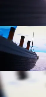 Elegant Titanic ship against tranquil ocean waves at sunset.