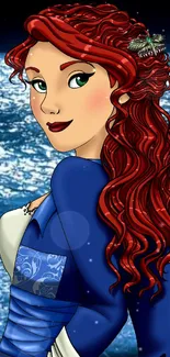 Titanic-inspired character with red hair and ocean background.