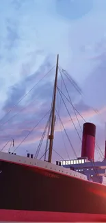 Titanic ship at sunset with purple sky.