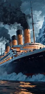Titanic ship sails through icy waters under dramatic skies.
